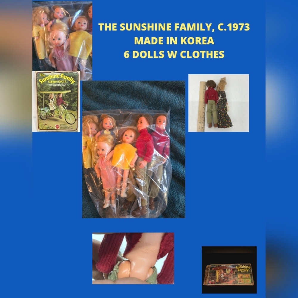 SPECIAL REQUEST EUC Sunshine Family, c1973, Made In Korea, 6 Dolls with Clothes